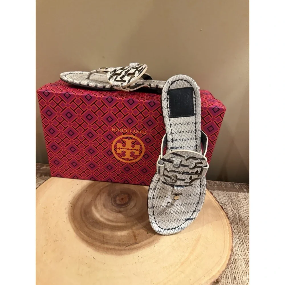 Tory Burch Miller Leather Thong‎ Sandal Warm Roccia Black & White US 7 258$